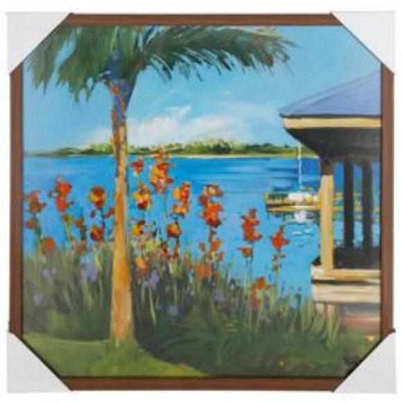 Coastal Lake Other - Coastal Lake Palm Tree Watercolor Framed Wall Art & Glass 25" x 25"